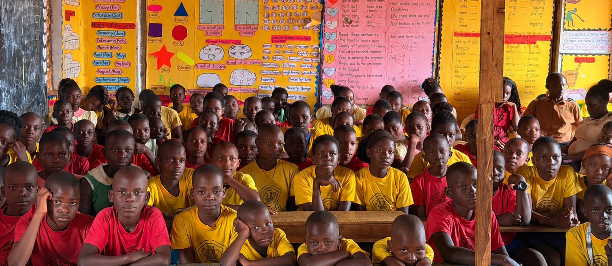 Rows of primary school students in yellow and red shirts seated in a classroom in Uganda, lesson charts covering the wall behind them.